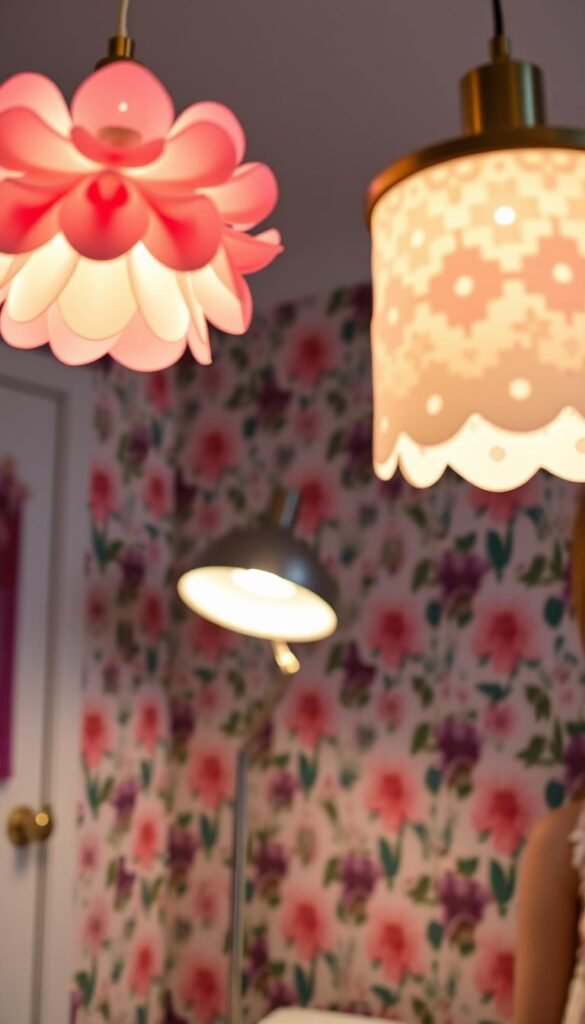 A stylish girls' bedroom with statement light fixtures that define the space. In the foreground, eye-catching pendant lights with whimsical floral or geometric designs hang gracefully, casting a warm, ambient glow. In the middle ground, a modern floor lamp with an adjustable head and sleek metallic finish adds a touch of sophistication. The background features a colorful, patterned wallpaper that complements the lighting, creating a cohesive and visually striking atmosphere. The lighting arrangement is intentionally curated to showcase the room's personality and style, inspiring a sense of wonder and delight. Soft shadows and highlights enhance the three-dimensional depth, while the overall lighting scheme feels balanced and harmonious.