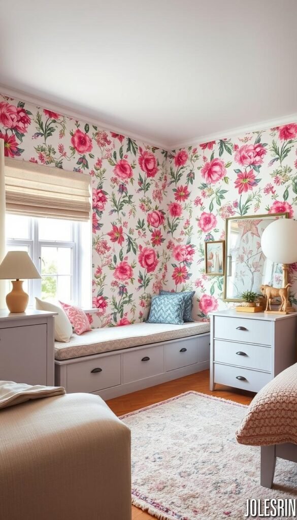 A stylish teen girl's bedroom with an accent wall of vibrant, playful floral wallpaper. The wallpaper features a delicate, hand-painted pattern of colorful blooms and lush foliage in shades of pink, lavender, and mint green. Soft, diffused lighting bathes the room, creating a warm, inviting ambiance. The wallpaper stands as the focal point, complemented by neutral furniture and decor, allowing the pattern to shine. A cozy window seat offers a comfortable nook for reading or relaxing, while a plush, patterned rug grounds the space. The overall design strikes a balance between youthful energy and a more mature, sophisticated aesthetic, reflecting the transition from childhood to adolescence.