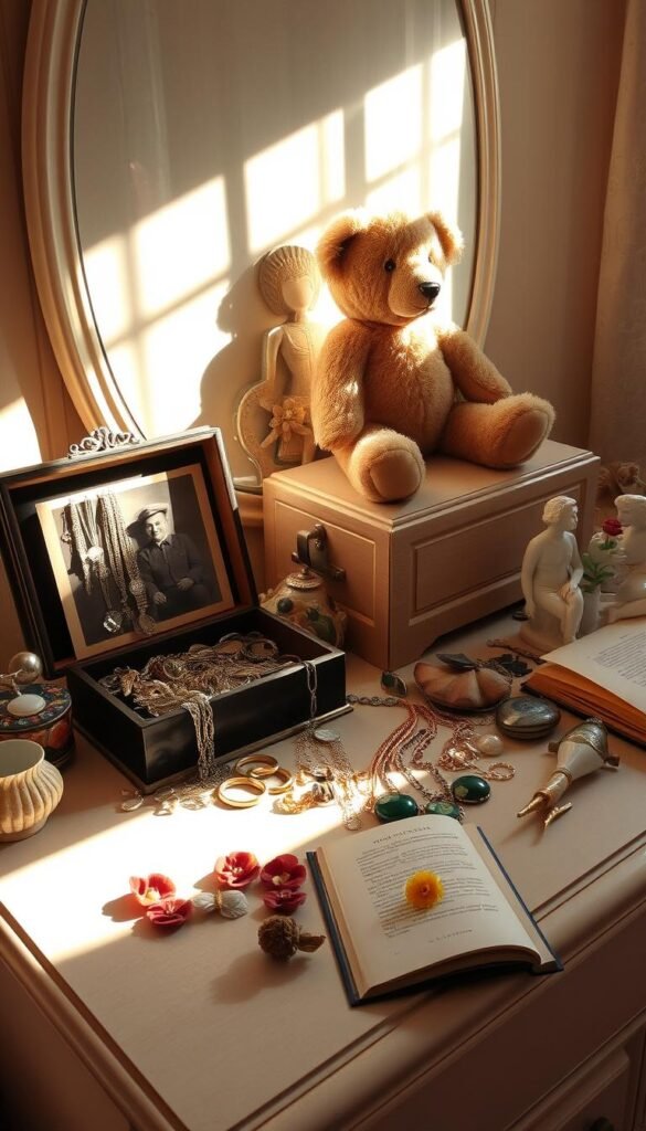 A sun-dappled bedroom dresser, its surface adorned with a collection of personal treasures. In the foreground, a vintage jewelry box sits open, spilling forth a cascade of delicate necklaces and glittering earrings. Beside it, a framed photograph captures a cherished memory, its edges slightly worn. Atop the dresser, a beloved teddy bear stands guard, its fur soft and well-loved. Across the surface, an array of knickknacks and mementos - a seashell from a seaside vacation, a dried flower pressed between the pages of a book, a porcelain figurine gifted from a dear friend. The scene is bathed in warm, golden light, creating a cozy, intimate atmosphere that reflects the owner's unique personality and interests.