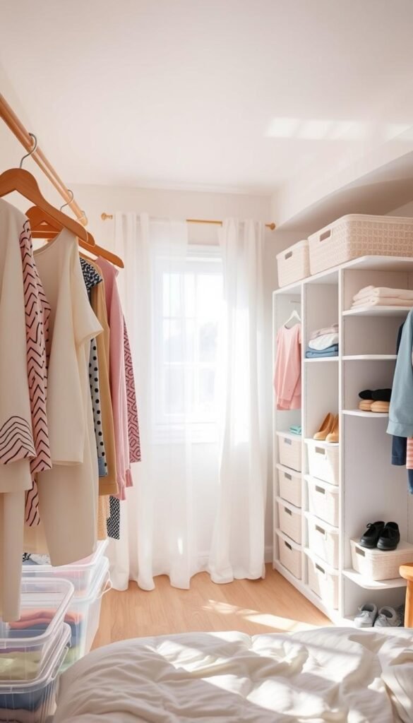 A sun-dappled girl's bedroom with an organized, efficient closet system. The foreground showcases a wooden clothes rod, neatly arranged hangers, and transparent plastic bins for folded items. In the middle ground, modular shelving with labeled baskets for accessories, shoes, and seasonal items. The background features soft, pastel-hued walls, natural light filtering through sheer curtains, and a sense of calm, decluttered tranquility. The scene conveys a harmonious, functional space that maximizes storage while maintaining a serene, inviting ambiance.
