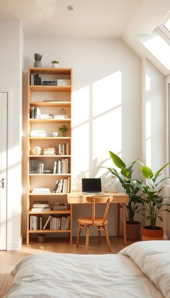 A sun-drenched, airy bedroom with minimalist white walls and a bright, natural-themed aesthetic. In the foreground, a sleek, floor-to-ceiling vertical shelving unit in a light wood tone, featuring clean-lined shelves of varying depths to accommodate a diverse array of decorative items, books, and personal keepsakes. The shelves are bathed in soft, diffused lighting, creating a cozy, inviting atmosphere. In the middle ground, a wooden desk and chair setup, perfect for studying or working, complementing the overall natural and calming vibe. The background showcases verdant, lush potted plants, adding pops of greenery and a sense of tranquility to the space.