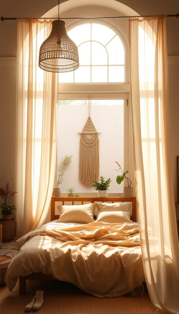 A sun-drenched, airy boho-inspired bedroom with natural textures and calming colors. The large arched window in the foreground bathes the space in warm, diffused light, casting a golden glow on the linen curtains and sheer voile panels that billow gracefully. In the middle ground, a minimalist wooden bed frame is dressed in earthy tones and natural fiber accents, complemented by a macrame wall hanging and a woven pendant light. The background features whitewashed walls, potted plants, and natural wood furniture pieces that exude a relaxed, welcoming ambiance. The overall scene evokes a sense of tranquility and connection with the outdoors.