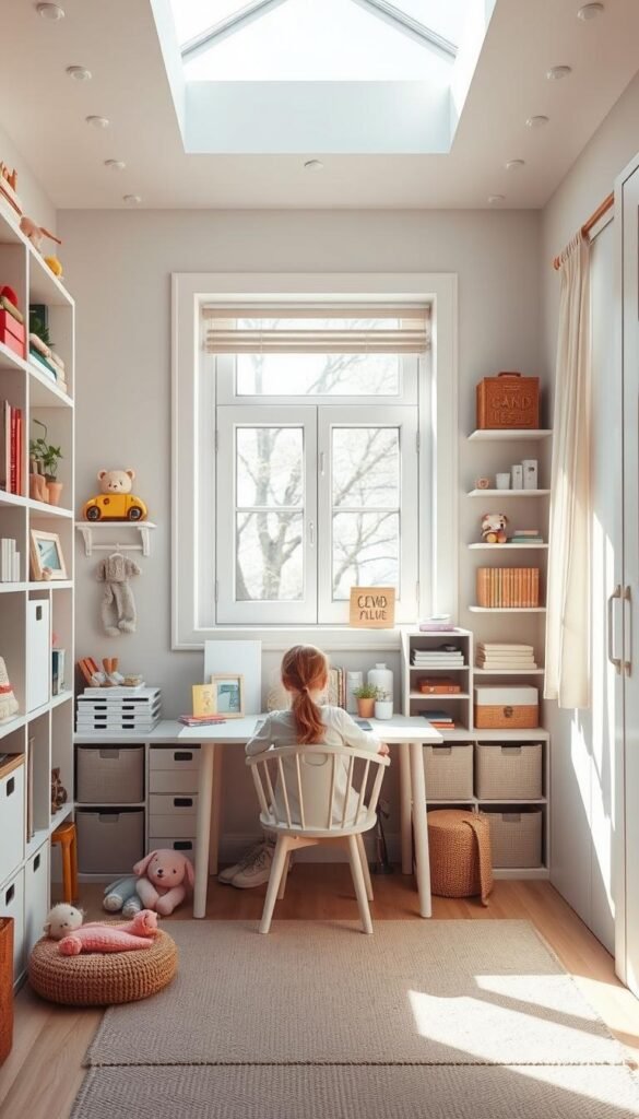 A sun-drenched bedroom with an abundance of decluttered space. Neatly organized shelves and storage units line the walls, meticulously arranged with toys, books, and personal belongings. A central workspace features a clean, minimalist desk and chair, ideal for studying or creativity. Soft, natural light filters through large windows, casting a serene glow over the room. Subtle textures and earthy tones create a calming, harmonious atmosphere, perfect for a young girl's haven. The overall impression is one of tranquility, order, and a sense of freedom from the constraints of excess possessions.