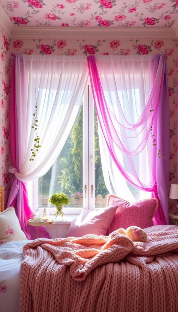 A sun-drenched girls' bedroom, the walls adorned with whimsical floral wallpaper. In the center, a large bay window with sheer white curtains flowing gracefully, complemented by vibrant pink and lavender fabrics draped elegantly across the frame. Cascading plants and decorative glass jars add a touch of nature, while plush pillows in pastel hues and a cozy knitted blanket create a cozy, inviting atmosphere. The lighting is soft and diffused, casting a warm glow over the scene. A wide-angle lens captures the overall harmony of the space, showcasing the creative and stylish window treatment ideas.