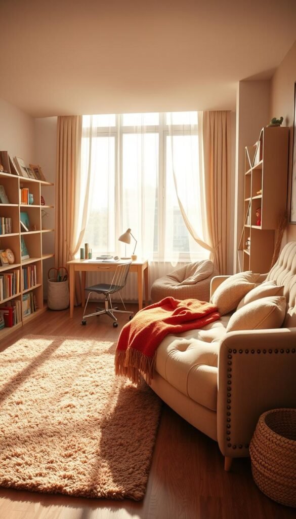 A sunlit, cozy multi-functional girls room with warm, natural hues and whimsical elements. In the foreground, a plush, tufted daybed adorned with plush pillows and a colorful throw. Nearby, a minimalist wooden desk with a comfortable chair, perfect for study and creativity. The middle ground features a large, soft area rug in earthy tones, surrounded by bookshelves filled with vibrant children's books. In the background, a large window with sheer curtains, allowing natural light to flood the space and highlighting a cozy reading nook with a plush beanbag chair. The room exudes a sense of comfort, playfulness, and versatility, seamlessly blending the elements of work, rest, and play.