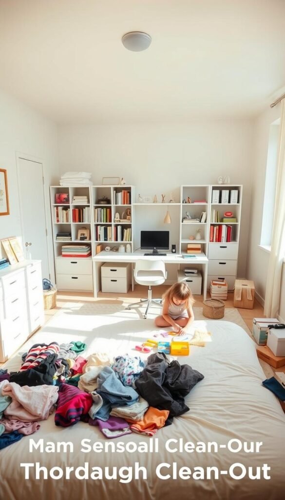 A sunny, well-lit bedroom with a serene, calming atmosphere. In the foreground, a young girl carefully sorting and organizing her belongings on a neatly made bed, surrounded by piles of clothes, toys, and various personal items. The middle ground features a spacious, decluttered desk area with a modern, minimalist aesthetic, inviting productivity and focus. In the background, bookshelves and storage units line the walls, showcasing the girl's organized collection of books, trinkets, and decorative accents. Soft, natural lighting filters through the large windows, creating a warm, inviting ambiance. The overall scene conveys a sense of tranquility, productivity, and a fresh start, reflecting the "Start Your DIY Journey with a Thorough Clean-Out" theme.
