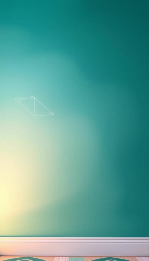 A teal ombre wall with a color-blocked design, creating a dynamic and visually striking backdrop. The gradient transitions seamlessly from a deep, saturated teal at the top to a lighter, more pastel shade at the bottom, evoking a sense of depth and dimension. The color-blocked sections feature geometric patterns in complementary hues, adding visual interest and texture. Warm, diffused lighting casts a soft, inviting glow across the surface, highlighting the subtle variations in tone and shading. The overall composition exudes a serene, calming atmosphere, perfect for a girls' bedroom.
