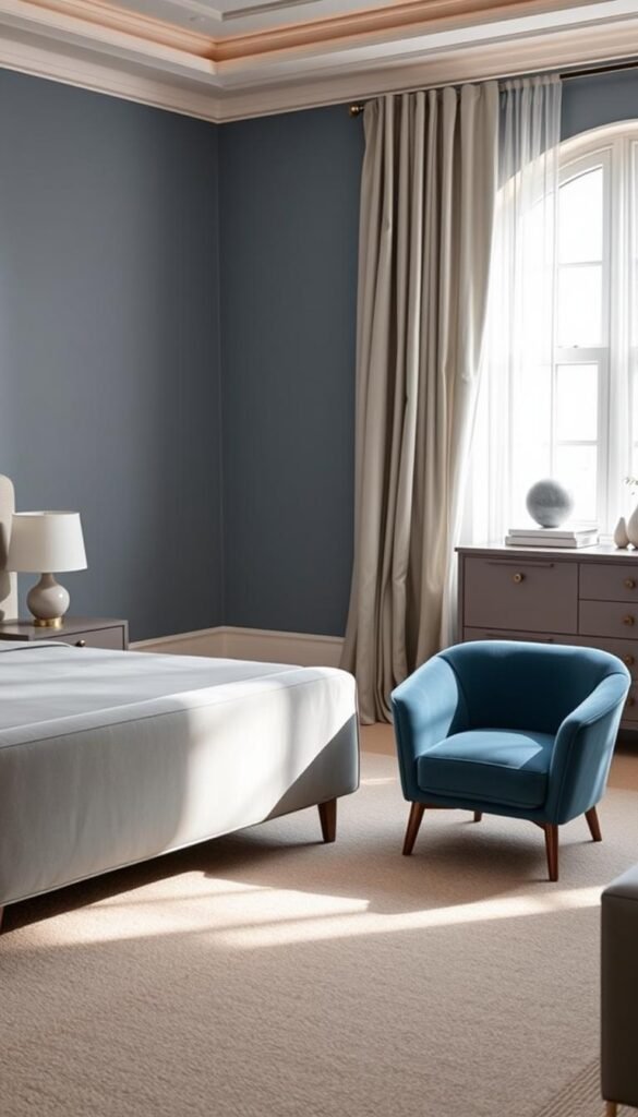 A tranquil blue-grey bedroom showcasing a harmonious selection of furniture. In the foreground, a plush upholstered bed with soft, muted tones invites relaxation. Flanking the bed, a pair of mid-century modern nightstands in a complementary shade of grey, their clean lines and minimalist design adding to the serene ambiance. A statement armchair in a deeper blue hue provides a cozy reading nook, while a low-profile dresser in a lighter grey tone balances the space. The lighting is warm and diffused, creating a cozy, spa-like atmosphere. Elegant draperies in a soft, whisper-grey fabric frame the windows, filtering the natural light and enhancing the overall calming aesthetic.
