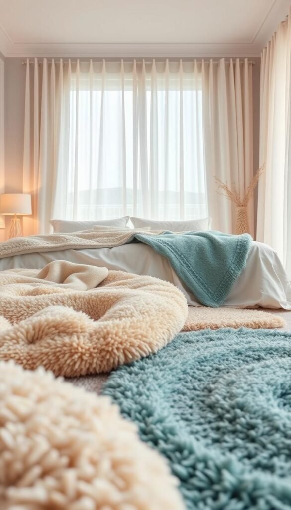 A tranquil coastal bedroom, adorned with layers of soft, textured rugs in hues of beige, sand, and aqua. The plush, overlapping rugs create a cozy, inviting atmosphere, their patterns blending seamlessly to evoke the gentle ebb and flow of waves. Soft, diffused lighting filters through gauzy curtains, casting a warm, soothing glow over the scene. The camera captures the room from a low angle, emphasizing the luxurious, layered textures underfoot and the overall sense of relaxation and comfort. The overall mood is one of serene, beach-inspired coziness.