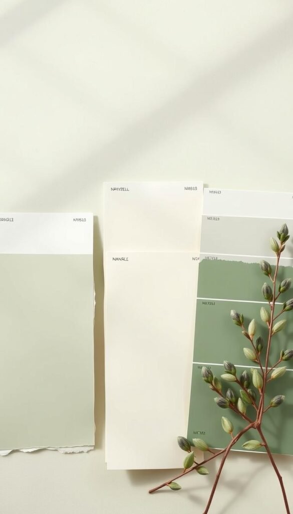 A tranquil collection of sage green paint colors, arranged in a harmonious display. Soft, muted tones cascade across the frame, creating a serene and inviting atmosphere. The paint samples are presented in a natural, well-lit setting, allowing their subtle nuances to shine. Warm, diffused lighting casts gentle shadows, accentuating the depth and richness of the greens. The overall composition is balanced and visually appealing, evoking a sense of calm and sophistication - the perfect palette for a serene girls' bedroom.