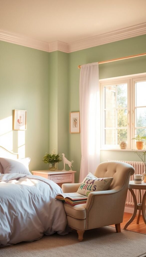 A tranquil girls' bedroom filled with soft pastel hues and gentle natural lighting. The walls are painted in a soothing shade of mint green, complemented by plush lavender bedding and delicate floral accents. A large window floods the space with warm, golden sunlight, casting a serene glow over the scene. In the foreground, a cozy reading nook with a cushy armchair and a small side table displays a stack of beloved storybooks. The overall atmosphere exudes a sense of calm, comfort, and youthful wonder, reflecting the psychology of color in the ideal girls' bedroom.