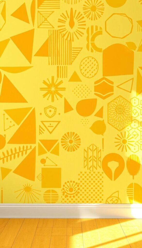 A vibrant DIY yellow stencil wall pattern, featuring an array of overlapping geometric shapes and patterns. The foreground showcases a modern, hand-painted effect with crisp, clean lines and a bold, sunny palette. The middle ground incorporates a mix of angular triangles, hexagons, and organic shapes, creating a dynamic, eye-catching design. The background features a subtly textured, matte yellow surface, providing a cohesive and harmonious foundation. The lighting is soft and diffused, casting gentle shadows that accentuate the depth and dimensionality of the pattern. The overall composition conveys a sense of cheerfulness, creativity, and low-commitment DIY charm, perfectly suited for a cheerful girls' bedroom.