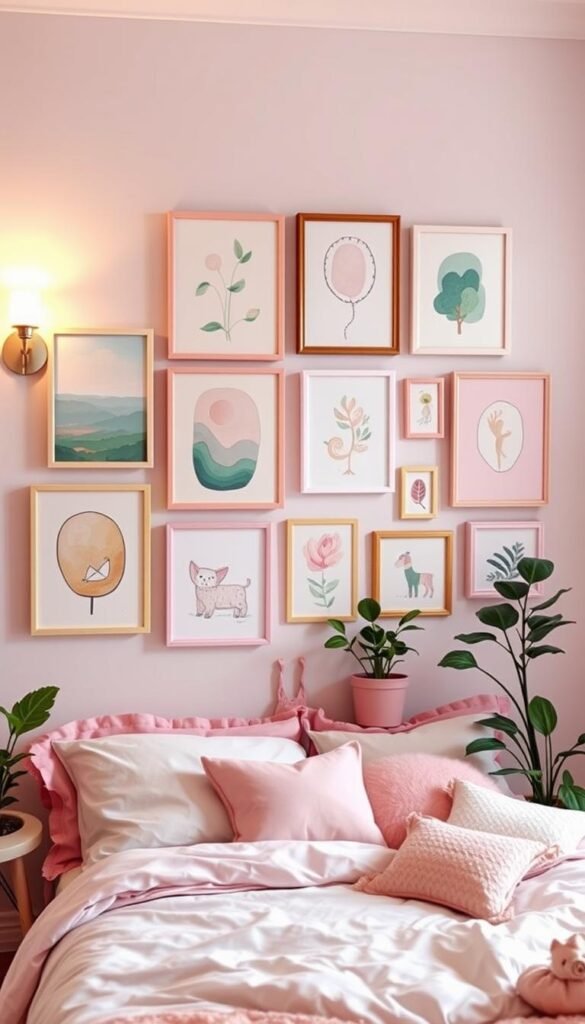 A vibrant and cozy girls bedroom with an artfully curated gallery wall of pastel-hued paintings, abstract illustrations, and whimsical prints. The wall is arranged in an asymmetric layout with frames of varying sizes, creating visual interest. Soft, diffused lighting from a pair of sconces casts a warm glow, complementing the delicate pink and green color palette of the room. Potted plants and a plush reading nook add to the serene, feminine ambiance. The overall scene emanates a sense of youthful creativity and personal expression.