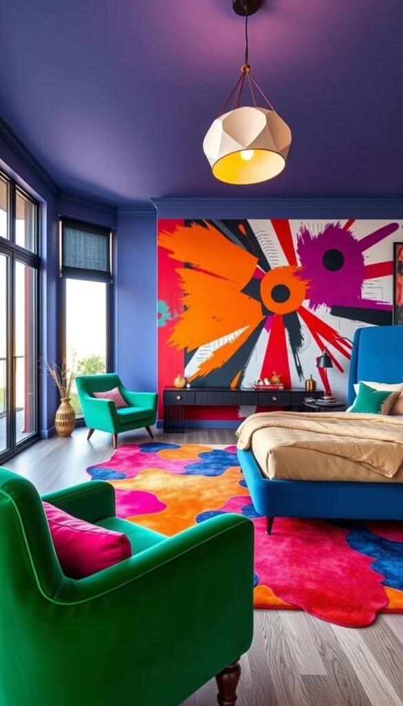 A vibrant and eclectic bedroom design featuring a bold color palette. The foreground showcases a plush, jewel-toned velvet armchair in a deep emerald hue, complemented by a chic upholstered bed frame in a rich, saturated blue. The middle ground boasts a modern, abstract area rug in a striking combination of fuchsia, tangerine, and vivid cobalt. The background highlights a feature wall in a dynamic, oversized mural pattern with clashing hues of vermilion, saffron, and amethyst, creating a captivating and energetic atmosphere. Soft, warm lighting from a sculptural pendant lamp casts a cozy glow, while large windows flood the space with natural illumination. The overall design embodies a sense of fearless, unapologetic creativity and individuality.