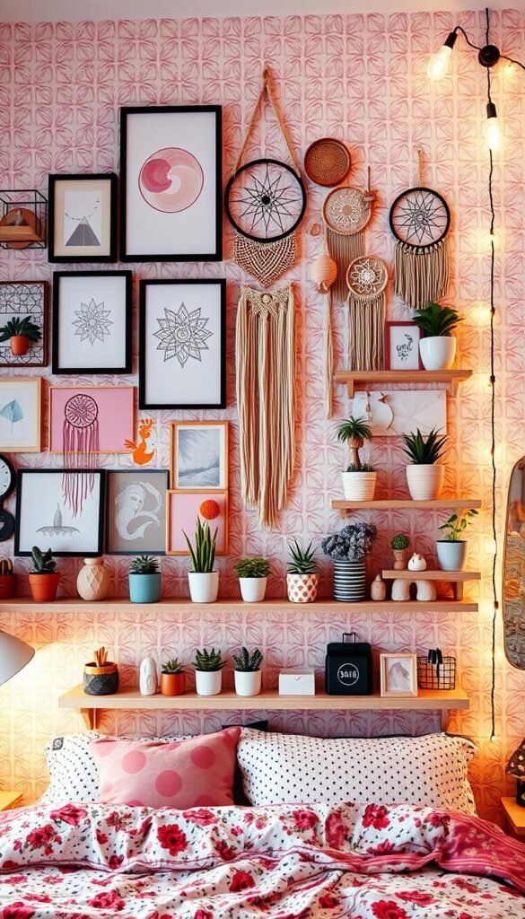 A vibrant and modern teen girl's bedroom, with a focal wall featuring an eclectic array of wall decor. The foreground showcases a collage of framed art prints, dreamcatchers, and hanging macrame pieces, creating a boho-inspired vibe. The middle ground includes floating shelves adorned with potted plants, ceramic figurines, and trendy organizers. The background features a bold, textured wallpaper in a soft, pastel color palette, complementing the overall aesthetic. Soft, diffused lighting from wall sconces and string lights casts a warm, cozy glow throughout the space, elevating the sense of coziness and personalization. The overall composition strikes a balance between creativity, functionality, and youthful charm, perfectly capturing the essence of a 2025 teen girl's bedroom.