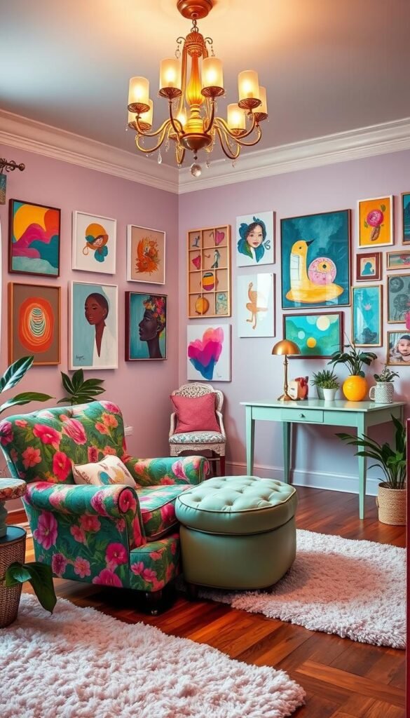 A vibrant and playful girls bedroom, filled with an eclectic array of colorful furniture. In the foreground, a whimsical armchair in a bold floral print, paired with a plush, tufted ottoman in a complementary hue. Across the room, a sleek, mint-green writing desk contrasts with a delicate, lace-patterned side table. Suspended overhead, a stunning chandelier casts a warm, golden glow, illuminating the space. The walls are adorned with an array of abstract art pieces, each bursting with a vibrant palette. Soft, shag rugs in pastel shades cover the hardwood floors, adding to the cozy, inviting ambiance. Lush, leafy plants dot the scene, infusing the room with a touch of natural wonder. An overall sense of playful sophistication permeates the space, creating the perfect setting for a young girl's creative expression. A vibrant and playful girls bedroom, filled with an eclectic array of colorful furniture. In the foreground, a whimsical armchair in a bold floral print, paired with a plush, tufted ottoman in a complementary hue. Across the room, a sleek, mint-green writing desk contrasts with a delicate, lace-patterned side table. Suspended overhead, a stunning chandelier casts a warm, golden glow, illuminating the space. The walls are adorned with an array of abstract art pieces, each bursting with a vibrant palette. Soft, shag rugs in pastel shades cover the hardwood floors, adding to the cozy, inviting ambiance. Lush, leafy plants dot the scene, infusing the room with a touch of natural wonder. An overall sense of playful sophistication permeates the space, creating the perfect setting for a young girl's creative expression.