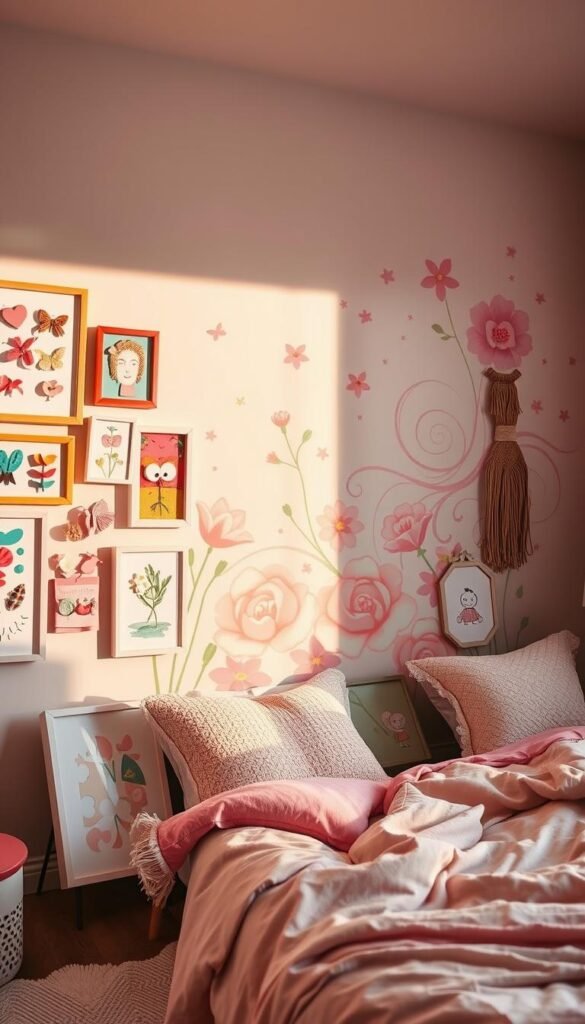 A vibrant and whimsical girl's bedroom with creative wall decor. The foreground features a lively display of framed artwork, with delicate paper cut-outs, colorful abstract paintings, and imaginative mixed-media pieces arranged in a dynamic, asymmetrical layout. The middle ground showcases a large, sweeping floral mural covering the main wall, with intricate and swirling patterns in soft pastel hues. The background is bathed in warm, diffused lighting, creating a cozy and inviting atmosphere. Subtle textures, such as woven wall hangings and plush textiles, add depth and visual interest. The overall impression is one of playfulness, creativity, and a touch of dreamlike wonder, perfectly capturing the spirit of a toddler girl's personal sanctuary. A vibrant and whimsical girl's bedroom with creative wall decor. The foreground features a lively display of framed artwork, with delicate paper cut-outs, colorful abstract paintings, and imaginative mixed-media pieces arranged in a dynamic, asymmetrical layout. The middle ground showcases a large, sweeping floral mural covering the main wall, with intricate and swirling patterns in soft pastel hues. The background is bathed in warm, diffused lighting, creating a cozy and inviting atmosphere. Subtle textures, such as woven wall hangings and plush textiles, add depth and visual interest. The overall impression is one of playfulness, creativity, and a touch of dreamlike wonder, perfectly capturing the spirit of a toddler girl's personal sanctuary.