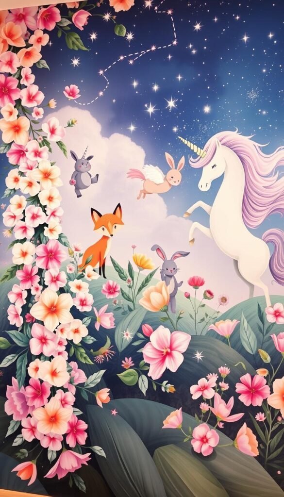 A vibrant and whimsical wall mural for a girls' bedroom, brimming with imaginative elements. In the foreground, a cascading floral design in soft pastel hues, with delicate petals and lush foliage. The middle ground features playful animal characters - a curious fox, a dancing rabbit, and a majestic unicorn - all rendered in a stylized, storybook aesthetic. The background showcases a dreamy, starry night sky, with shimmering constellations and wispy clouds that add depth and a sense of wonder. The lighting is soft and diffused, creating a warm, inviting atmosphere. The overall composition is balanced and visually engaging, seamlessly blending the natural and fantastical elements to inspire creativity and delight.