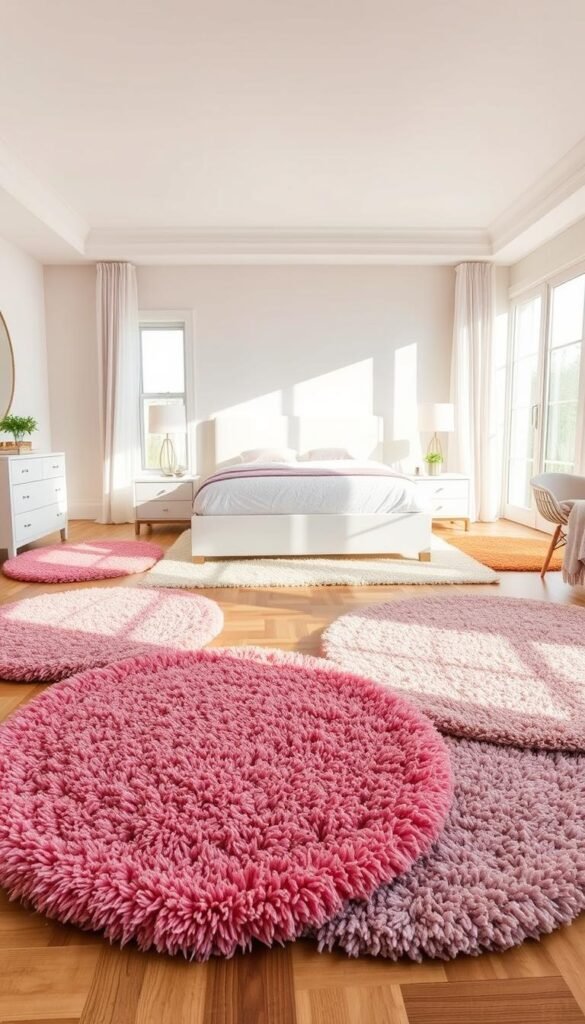 A vibrant array of plush, textured rugs in a well-lit, modern bedroom. The foreground features a selection of circular, shag, and patterned rugs in a range of pastel pinks, soft lavenders, and warm ochres, artfully arranged on a hardwood floor. The middle ground showcases the bedroom's furnishings - a white bed frame, fluffy white bedding, and sleek, minimalist nightstands. The background reveals a spacious, sun-drenched room with neutral walls and large windows, creating a serene, calming atmosphere that enhances the rug's color palette. Crisp, even lighting from multiple angles highlights the rug's rich, tactile qualities, inviting the viewer to imagine how these hues and textures could transform and complete the look of a girls' bedroom.