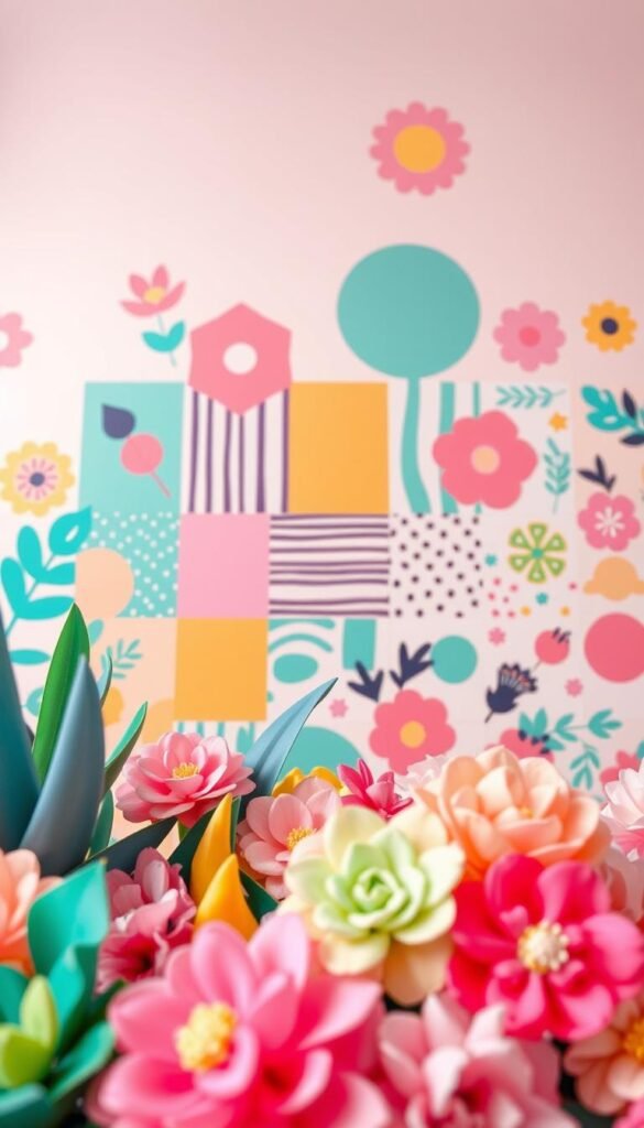 A vibrant color and pattern design showcase featuring an array of cheerful hues, bold geometric shapes, and whimsical floral motifs. The foreground showcases a spectrum of playful pastels and saturated tones, creating a visually engaging and dynamic composition. In the middle ground, a collage of repeating patterns in various scales and orientations adds depth and visual interest, including stripes, polka dots, and abstract brushstrokes. The background gently fades into a soft, dreamlike gradient, providing a harmonious and cohesive balance to the overall design. Captured with a wide-angle lens and soft, diffused lighting, the resulting image exudes a youthful, imaginative, and inspiring aesthetic suitable for a girls' bedroom setting.