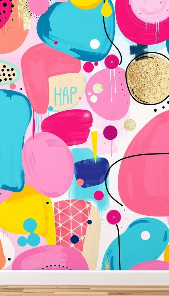 A vibrant, colorful wall mural design featuring a whimsical, playful pattern of abstract shapes and geometric forms. The design should have a bold, eye-catching aesthetic that would make a strong visual statement in a small girls' bedroom. The mural should have a balance of vivid, saturated colors like pinks, purples, and blues, with pops of metallic accents or glitter for added visual interest. Utilize a variety of brush strokes, patterns, and textures to create depth and dimension. Ensure the overall composition is well-balanced and visually striking, with a sense of energy and dynamism that would inspire and delight a young girl.