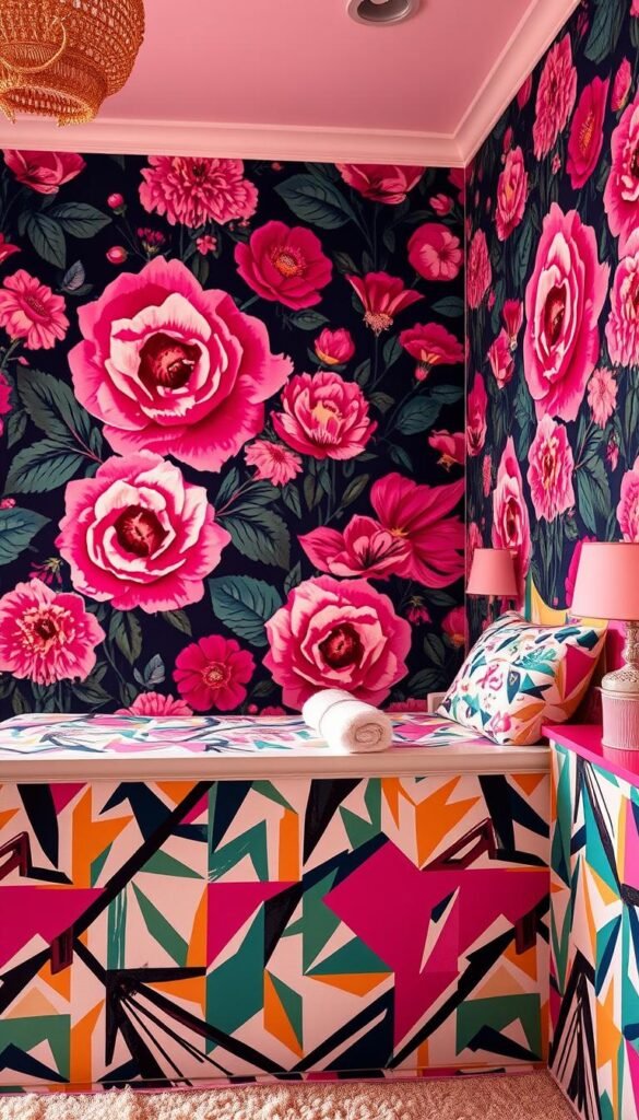 A vibrant, feminine girls bedroom adorned with bold, eye-catching wallpaper patterns. The background showcases an intricate, oversized floral print in a lush, jewel-toned palette, creating a stunning focal point. In the foreground, the walls are covered in a playful, geometric wallpaper design featuring sharp angles and contrasting colors, adding a dynamic, youthful energy to the space. Warm, diffused lighting casts a soft, inviting glow, accentuating the rich, saturated hues. The overall atmosphere is one of joyful, whimsical sophistication, perfectly capturing the spirit of a bold and beautiful girls' bedroom.
