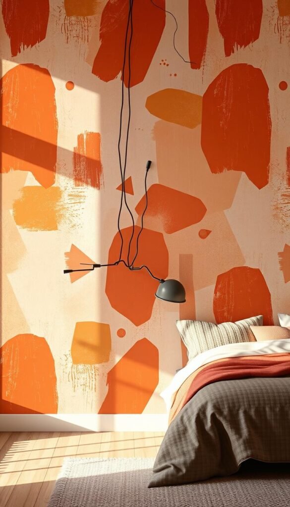 A vibrant, modern accent wall featuring a dynamic abstract pattern in warm tones of terracotta, ochre, and peach. Textural elements like soft geometric brushstrokes and hand-drawn shapes create visual interest, while subtle variations in hue and saturation add depth. Warm, directional lighting casts gentle shadows, accentuating the dimensional qualities of the design. The wall is prominently featured, taking up the majority of the frame, with just a glimpse of a cozy, minimalist teen bedroom setting in the background, hinting at its intended application. The overall mood is youthful, creative, and sophisticated.