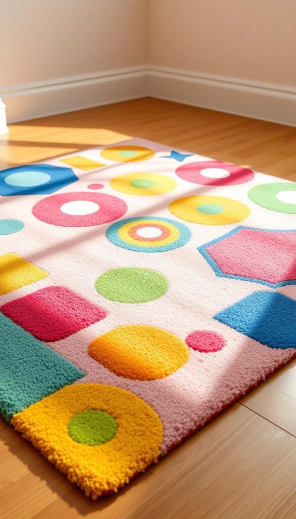 A vibrant, multicolored children's rug featuring playful geometric shapes, organic patterns, and a soothing color palette. The rug is arranged on a bright, well-lit wooden floor, casting soft shadows and creating a warm, inviting atmosphere. The foreground is dominated by the rug's vivid hues, including shades of pink, blue, green, and yellow, arranged in a visually stimulating, yet harmonious composition. The middle ground showcases the rug's texture and plush, tactile qualities, while the background provides a clean, minimal setting to allow the rug to take center stage. The overall scene conveys a sense of joy, creativity, and the psychological impact of color on a child's development and well-being.