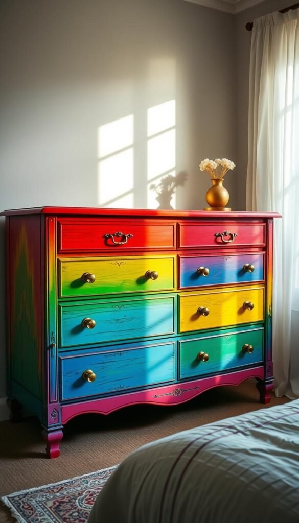 A vibrant, rainbow-hued dresser stands in a cozy, sun-drenched bedroom. The dresser's drawers are painted in a spectrum of vivid colors, creating a striking visual display. Intricate details, such as gilded drawer pulls and a distressed wood finish, add depth and character. Soft, diffused lighting from a nearby window illuminates the scene, casting a warm, inviting glow. The dresser is the centerpiece, drawing the eye and radiating a sense of playful, whimsical charm that perfectly complements the overall rainbow theme of the bedroom.