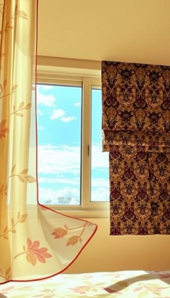 A vibrant, sun-lit bedroom with a large window showcasing an exquisite array of patterned window treatments. In the foreground, a sheer, floral-printed curtain panel billows softly in a gentle breeze, its delicate petals and leaves dancing across the frame. In the middle ground, a bold, geometric-patterned roman shade adds depth and visual interest, its sharp angles and striking colors complementing the floral motif. The background features a serene, cloudy sky visible through the window, creating a sense of tranquility and airiness. The lighting is warm and natural, casting a soft, flattering glow across the scene. The overall composition is harmonious, blending the patterns and themes into a cohesive, visually appealing display.