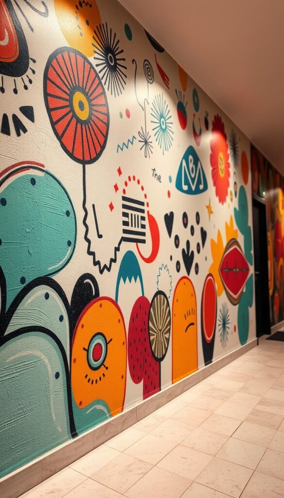 A vibrant wall, adorned with intricate designs and bold brushstrokes, capturing the essence of creative wall painting techniques. The foreground features a playful, abstract pattern in a harmonious color palette, with textural elements and subtle shading that add depth and dimension. In the middle ground, a mix of geometric shapes and organic motifs flow seamlessly, creating a visually captivating display. The background showcases a softer, muted tone, allowing the central artwork to take center stage and draw the viewer's attention. Warm lighting casts a gentle glow, accentuating the depth and shadows of the painting, while a wide-angle lens captures the full scope of this dynamic and inspiring wall art.