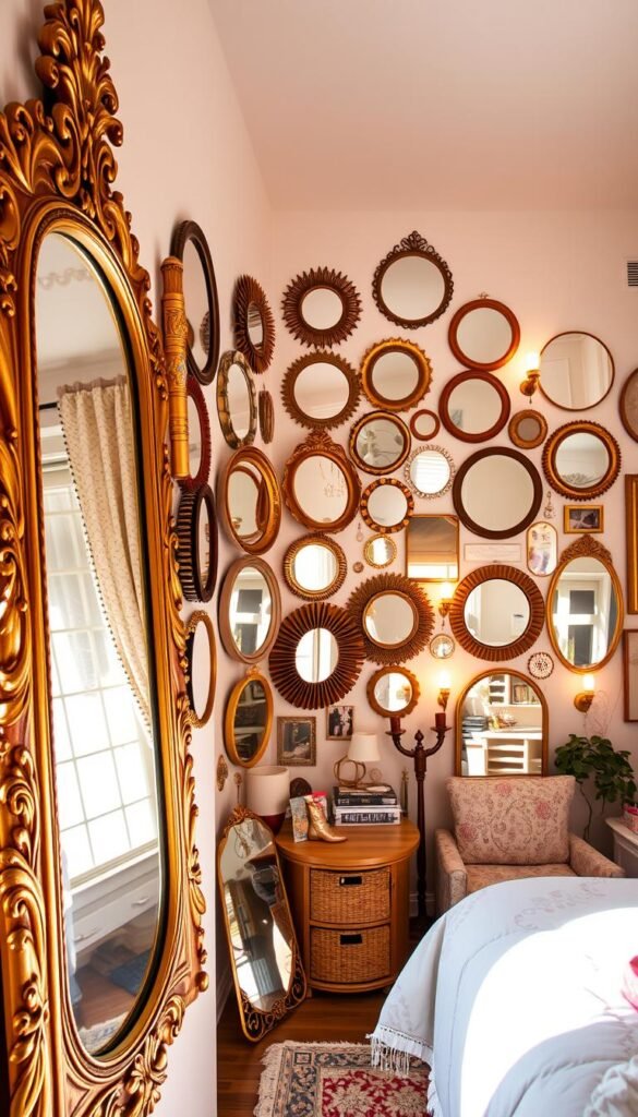 A vibrant, well-lit bedroom showcasing an array of captivating mirror styles. In the foreground, a large, ornate gold-framed mirror with intricate floral detailing reflects the natural light streaming through the windows. Interspersed throughout the middle ground, an eclectic mix of mirror shapes and sizes - round, oval, rectangular - in a variety of modern, vintage, and bohemian frames adorn the walls, creating a visually striking display. In the background, a cozy reading nook is illuminated by the soft glow of sconce lights, with a statement mirror piece anchoring the space and enhancing the sense of depth. The overall atmosphere is one of warmth, femininity, and personal style, perfectly capturing the essence of "Mirror Styles That Girls Absolutely Love".