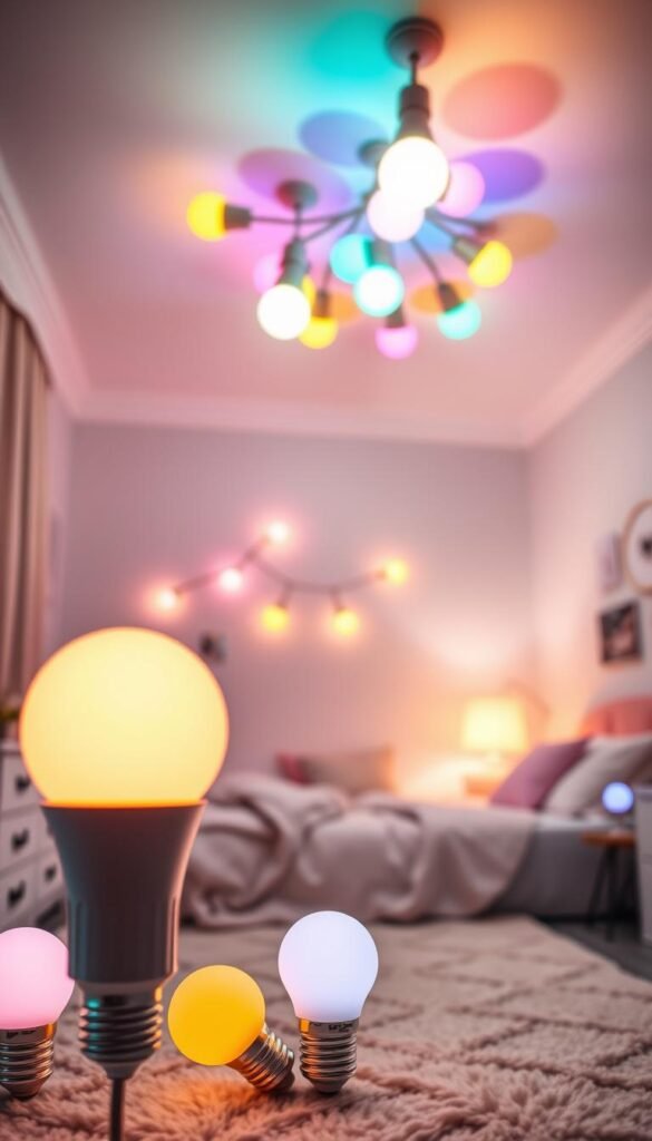 A vibrant, well-lit girls' bedroom with smart color-changing LED bulbs illuminating the space. The bulbs are playful and whimsical, casting a warm glow that encourages creativity and imagination. In the foreground, the bulbs are shown in a variety of pastel shades, with a soft, diffused lighting effect. In the middle ground, the bulbs are arranged in an abstract, geometric pattern on the ceiling, casting colorful shadows on the walls. The background features a cozy, comfortable room with soft textures, plush bedding, and playful decor that inspires a sense of wonder and endless possibilities for a child's mind.