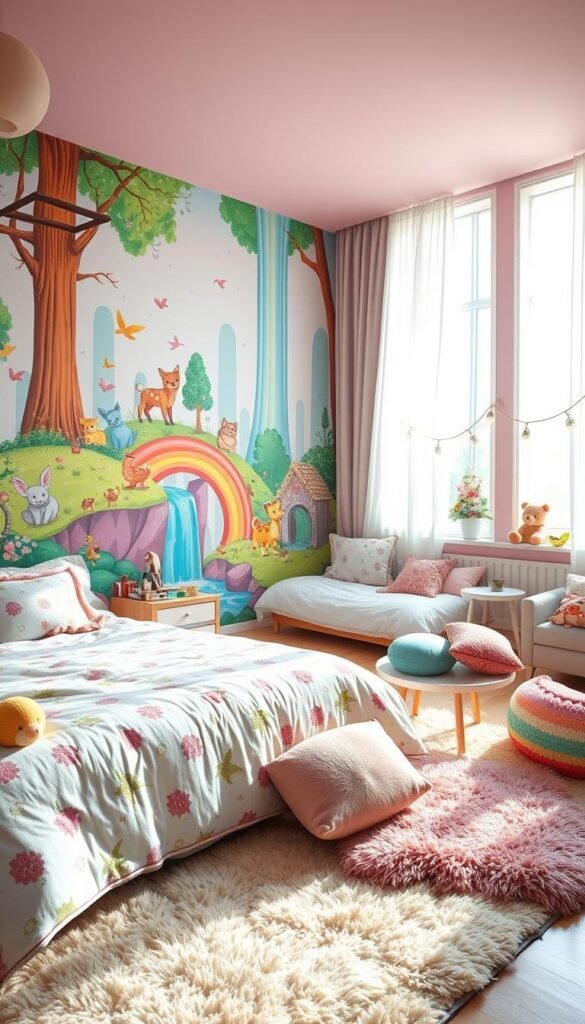 A vibrant, whimsical girl's bedroom with a cheerful, pastel color palette. In the foreground, a large, playful mural adorns the wall, depicting a magical forest scene with friendly woodland creatures, fairy-tale inspired illustrations, and a shimmering, rainbow-hued waterfall cascading down. In the middle ground, the room is filled with plush, patterned bedding, fluffy rugs, and an assortment of plush toys and decorative pillows. The background showcases an abundance of natural light streaming in through large, curtained windows, creating a warm, inviting atmosphere. The lighting is soft and diffused, with gentle highlights accentuating the textures and details. The overall mood is one of joy, wonder, and personalized expression.