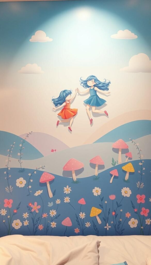 A vibrant, whimsical wall art display featuring playful illustrations of two young blue-haired girls frolicking amidst a dreamy, pastel-toned landscape. The foreground showcases delicate floral patterns, swirling clouds, and enchanting mushrooms, while the middle ground features the girls jumping and dancing joyfully. The background subtly blends soft gradients of blue, lavender, and peach, creating a calming, ethereal atmosphere. Warm, diffused lighting from an unseen source accentuates the imaginative, storybook-like quality of the scene. The overall composition evokes a sense of wonder, charm, and personal expression, suitable for decorating a young girl's bedroom.