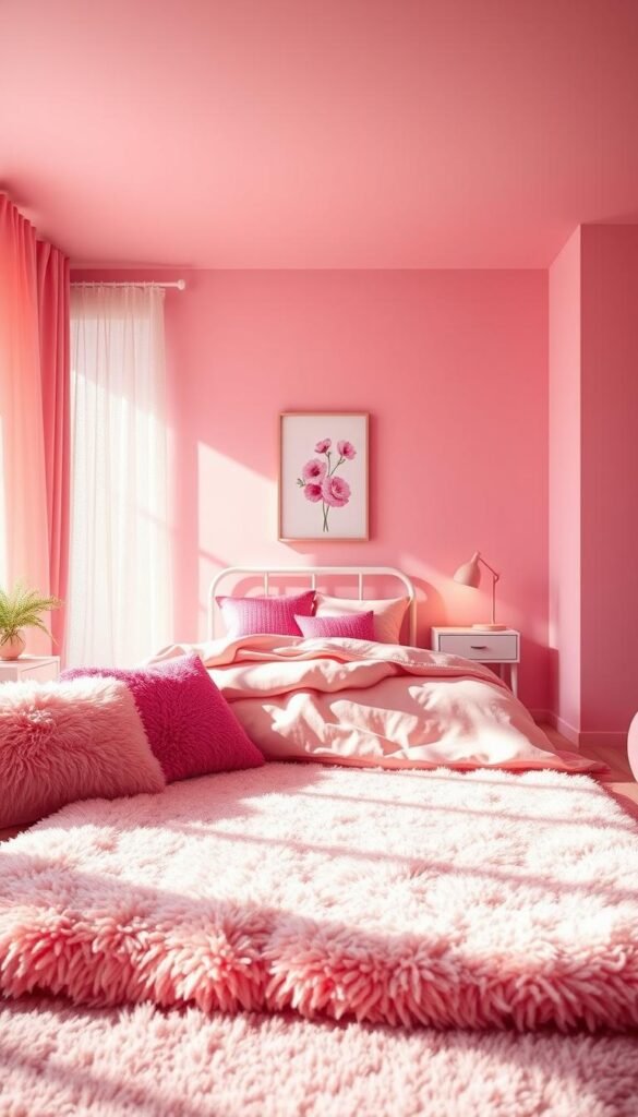 A vibrant, youthful color palette with various shades of pink, from soft blush to bold fuchsia, fills a cozy teen girl's bedroom. The space is bathed in warm, natural lighting, creating a serene and inviting atmosphere. In the foreground, plush textiles, such as a fuzzy area rug and coordinating throw pillows, anchor the room's design. The middle ground features a chic, modern bed frame and nightstand, accented by delicate floral artwork and a minimalist table lamp. In the background, a shimmering, metallic wallpaper or accent wall adds depth and visual interest, complementing the overall pastel aesthetic. The resulting image conveys a sense of personality, comfort, and effortless style - the perfect foundation for a modern teen's dream space.