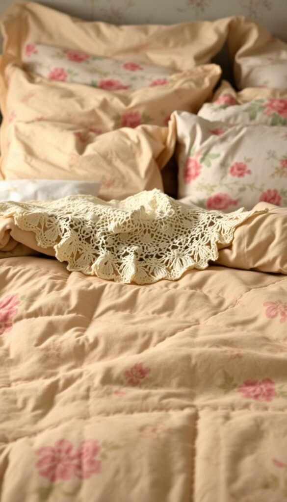 A vintage bedroom with soft, cozy layers of bedding. The foreground features a plush, quilted coverlet in a floral or paisley print, its texture creating visual interest. In the middle ground, a delicate lace throw or crocheted blanket adds a touch of heirloom charm. The background showcases a set of antique-inspired floral sheets, their faded colors and well-worn fabric evoking a sense of timelessness. Soft, warm lighting casts a gentle glow, highlighting the myriad textures and patterns. The overall atmosphere is one of nostalgia and comfort, inviting the viewer to sink into the layers of this vintage-inspired bedscape.