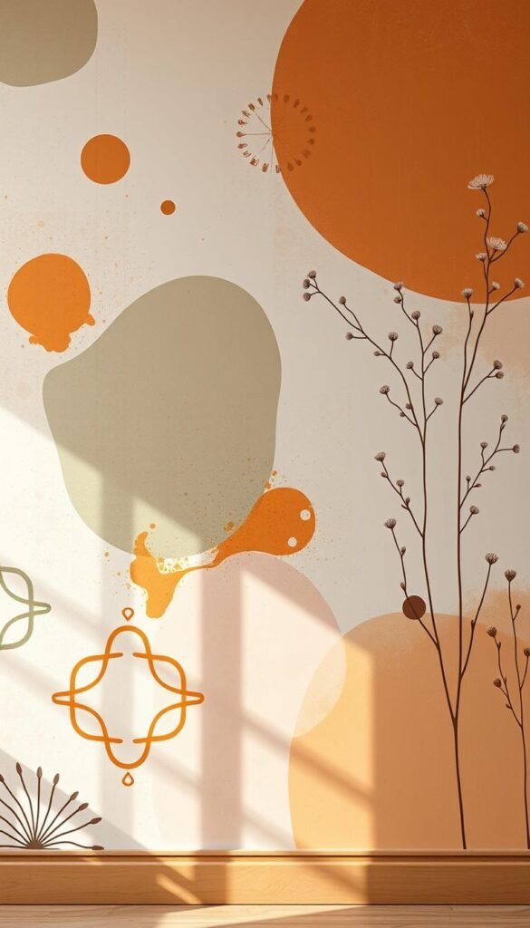 A warm and earthy boho-inspired wall mural, featuring a patchwork of overlapping shapes, patterns, and textures. The foreground showcases an abstract design with interlocking geometric motifs, splashes of ochre, sage, and dusty rose hues. The middle ground presents wispy botanicals and delicate floral elements, while the background layer has a hint of a faded, vintage-inspired wallpaper texture. The lighting is soft and diffused, creating a cozy, inviting atmosphere. The overall composition has a free-flowing, organic feel, capturing the essence of the boho-chic aesthetic.
