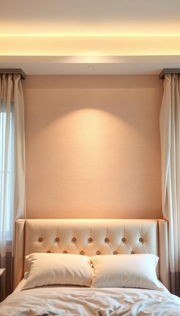 A warm and inviting beige bedroom accent wall with a chic, yet subtle geometric pattern. The wall is softly lit from above, creating gentle shadows and highlights that add depth and dimension. The texture of the wall has a slight sheen, lending an elegant and refined feel. In the foreground, a plush, tufted headboard in a complementary neutral tone anchors the space, while sheer curtains frame the windows, allowing natural light to filter in. The overall atmosphere is serene, calming, and perfectly suited for a girls' bedroom.