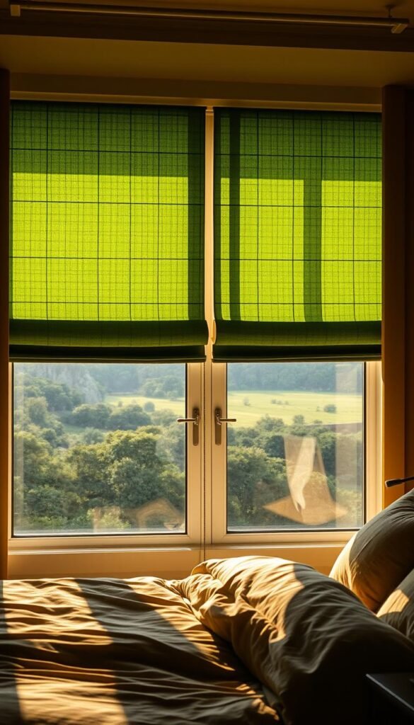 A warm, cozy bedroom with lush green window shades that cast a soft, moody glow across the space. The shades are made of a luxurious, textured fabric that gently filters the natural light, creating a serene and relaxing ambiance. The shades are paired with sleek, minimalist curtain rods that complement the room's modern aesthetic. The bedroom is bathed in a warm, golden light, with a single, large window that offers a picturesque view of a verdant landscape outside. The overall mood is one of tranquility and comfort, perfect for a peaceful retreat.
