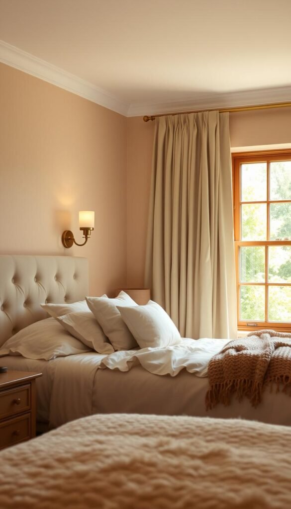 A warm, inviting beige bedroom bathed in soft, natural light. Cozy textures like plush bedding, lush curtains, and a knitted throw create a sanctuary-like ambiance. Soft, diffused illumination from a pair of brass sconces casts a gentle glow, while a large window offers views of a verdant outdoor scene. In the foreground, a tufted headboard and matching nightstands provide a cohesive, harmonious design. The overall atmosphere evokes a sense of peace, comfort, and serenity - a perfect haven for relaxation and rejuvenation.