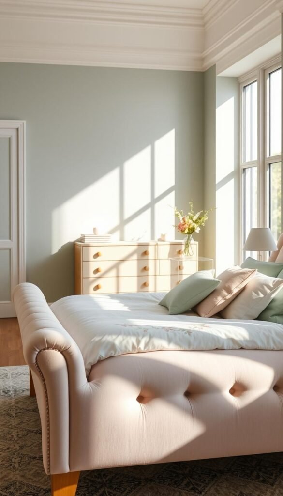 A warm, inviting pastel-tinted bedroom, bathed in soft, diffused natural light spilling through large windows. The foreground features a plush, pale pink upholstered bed frame with delicate floral embroidery, topped with a fluffy white duvet and accent pillows in soft shades of mint and lavender. In the middle ground, a mid-century modern dresser in a pale wood tone complements the pastel palette, with a vase of fresh flowers adding a natural touch. The background showcases a serene, textured wall in a muted sage green, creating a calming, harmonious atmosphere. Subtle shadows and highlights enhance the dimensional, ethereal quality of the scene, evoking a sense of tranquility and sophistication.