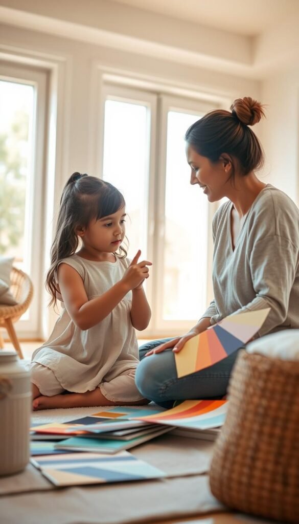 A warm, sunlit bedroom with a young girl and her mother intently discussing color swatches and paint samples. The mother sits cross-legged on the floor, guiding her daughter's hand as they carefully consider different hues and palettes. The daughter, with a thoughtful expression, points to her favorite shades, her imagination sparking with the possibilities. Soft, natural light filters in through the large windows, casting a gentle glow and creating an atmosphere of calm collaboration. The room is sparsely furnished, allowing the color exploration to take center stage. Subtle, earthy tones in the furniture and decor complement the vibrant color choices the pair is exploring.
