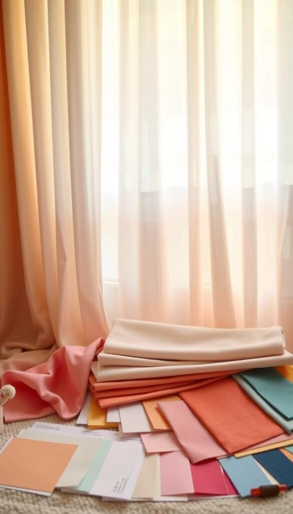 A well-curated color palette of pastel hues against a soft, dreamlike background. In the foreground, an array of fabric swatches and color samples arranged with care, reflecting the many possibilities for a girl's bedroom curtains. The lighting is warm and diffused, creating a cozy, inviting atmosphere. The overall composition suggests a thoughtful, imaginative process of selecting the perfect colors to complement a young girl's personal style and preferences.