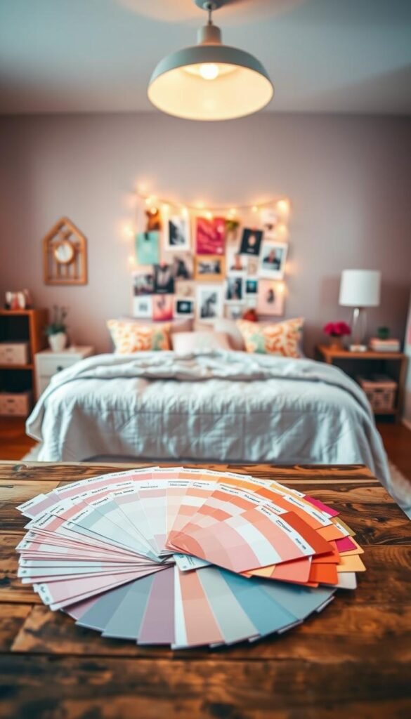 A well-lit girls' bedroom with a cozy, inviting atmosphere. In the foreground, an array of paint swatches and color samples are artfully arranged on a wooden table, showcasing a variety of pastel hues, soft pinks, and subtle lavenders. The middle ground features a mood board adorned with fabric samples, inspirational photos, and decorative accents, hinting at the personality and style preferences of the room's owner. The background subtly blends a neutral wall color, providing a harmonious canvas for the vibrant color palette selection. Warm, diffused lighting casts a gentle glow, creating a serene and contemplative setting for the color exploration process.