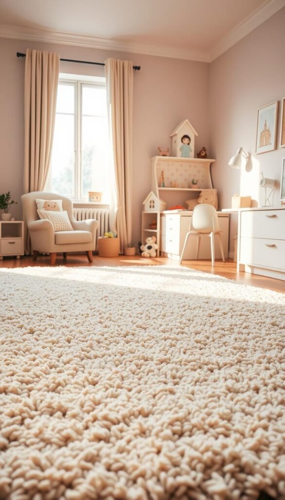 A well-lit interior scene showcasing a cozy girls' bedroom. In the foreground, a plush, textured area rug in soft pastel hues anchors the space, its placement strategically calculated to delineate distinct zones - a reading nook with a small armchair, a play area with a dollhouse and toys, and a study desk. The rug's size proportionally fills the space, its edges aligning with the furniture to create a cohesive, harmonious layout. Warm, diffused lighting from a large window illuminates the scene, casting gentle shadows and highlighting the rug's luxurious pile. The overall mood is one of calm, comfort, and functionality, perfectly suited for a growing girl's personal retreat.