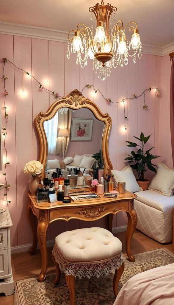 A well-lit, meticulously arranged vanity setup adorning a girl's bedroom. In the foreground, an ornate vanity table with a beveled mirror reflects the array of makeup, perfumes, and decorative trinkets neatly displayed. Plush cushioned stool with delicate lace detailing invites the user to sit and primp. Overhead, a chic chandelier casts a warm, ambient glow, illuminating the scene. Framing the vanity, delicate floral garlands and string lights lend a touch of whimsy. In the background, a cozy reading nook with plush pillows and a potted plant create a harmonious, relaxing atmosphere. Soft pastel hues and natural wood tones evoke a serene, feminine ambiance.