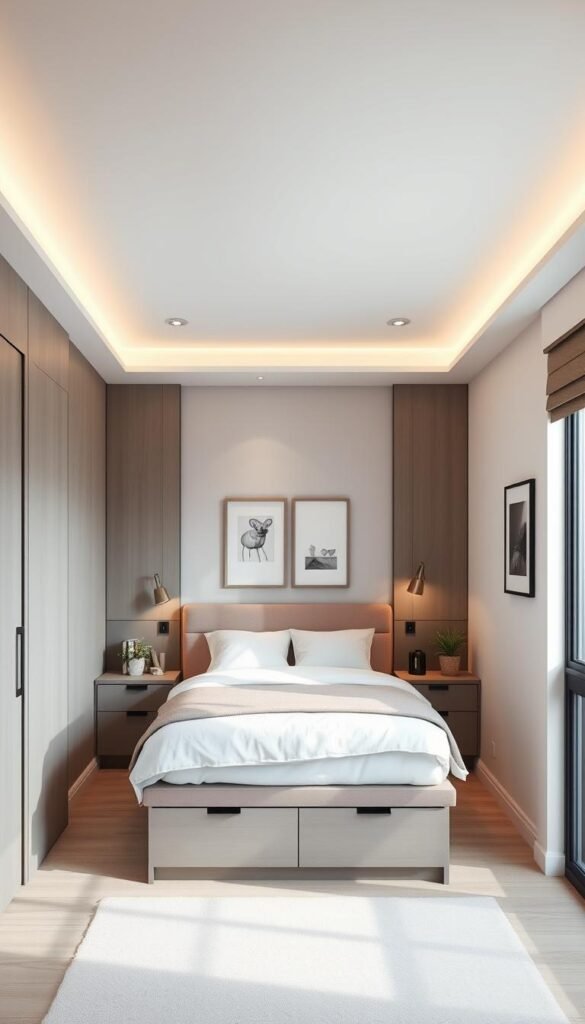 A well-lit, modern bedroom with a focus on a space-saving bed as the central feature. The bed is raised off the floor, with built-in storage and shelving underneath, maximizing the available space. Sleek, minimalist design with clean lines and neutral tones create a calming, contemporary atmosphere. Soft, diffused lighting from overhead fixtures and wall sconces illuminates the room, highlighting the bed's elegant silhouette. The bed is surrounded by a few carefully curated decor elements, such as potted plants and modern artwork, adding subtle visual interest. Bright, airy, and uncluttered, this bedroom showcases how a thoughtfully designed, space-saving bed can be the centerpiece of a small, girls' bedroom. A well-lit, modern bedroom with a focus on a space-saving bed as the central feature. The bed is raised off the floor, with built-in storage and shelving underneath, maximizing the available space. Sleek, minimalist design with clean lines and neutral tones create a calming, contemporary atmosphere. Soft, diffused lighting from overhead fixtures and wall sconces illuminates the room, highlighting the bed's elegant silhouette. The bed is surrounded by a few carefully curated decor elements, such as potted plants and modern artwork, adding subtle visual interest. Bright, airy, and uncluttered, this bedroom showcases how a thoughtfully designed, space-saving bed can be the centerpiece of a small, girls' bedroom.