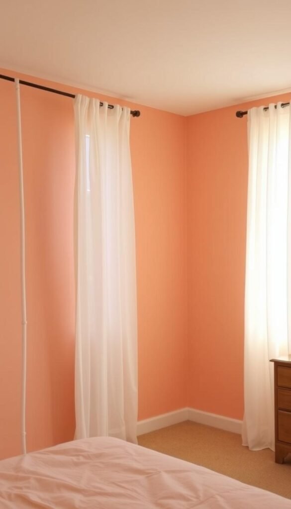 A well-lit peach-colored bedroom with soft, diffused lighting filtering through sheer curtains. The walls are freshly painted in a delicate, muted peach hue, creating a warm and inviting ambiance. The paint is evenly applied, with no visible brush strokes or uneven coverage. The room is clean and tidy, with minimal decor to allow the beautiful color to take center stage. A wooden dresser or nightstand adds a natural, earthy contrast to the pastel walls. The overall atmosphere is serene, relaxing, and conducive to a peaceful, restorative sleep.