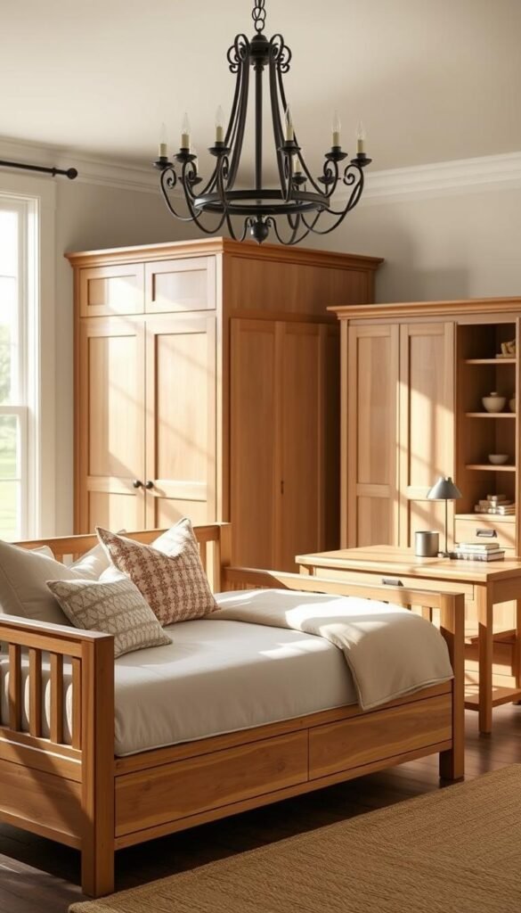 A well-lit, rustic farmhouse-style bedroom with a versatile, modular furniture set designed to grow with a child. In the foreground, a solid wood daybed with plush, neutral-toned upholstery and a selection of coordinating throw pillows. Alongside, a sturdy, adjustable writing desk with a functional drawer and shelving unit. In the middle ground, a tall, multi-purpose wardrobe with ample storage space and hanging rods. The background features a large, paneled window that floods the room with warm, natural light, complemented by an elegant, wrought-iron chandelier. The overall atmosphere exudes a sense of timeless elegance and functionality, perfectly suited for a growing child's evolving needs.